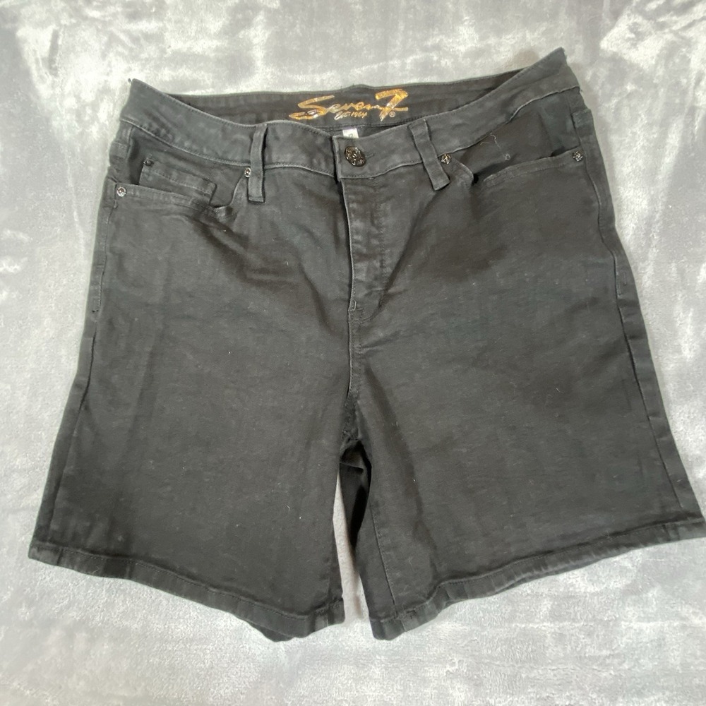 Seven7 Weekend Shorts Womens 12 Black Flat Front Mid Rise Zip Denim Stretch‎ 6"